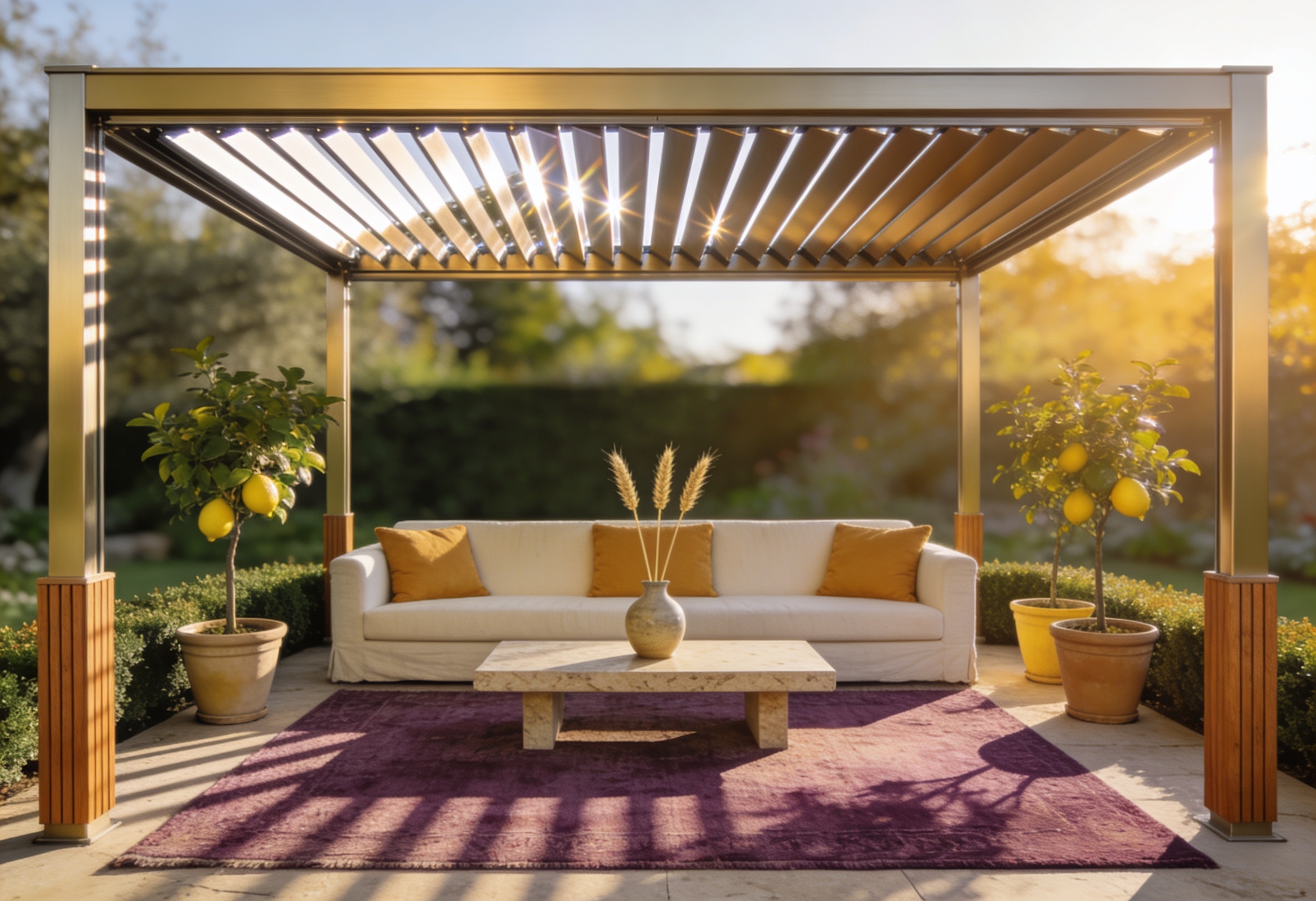 Villa terasında modern bioklimatik pergola altında keten kanepeli oturma alanı