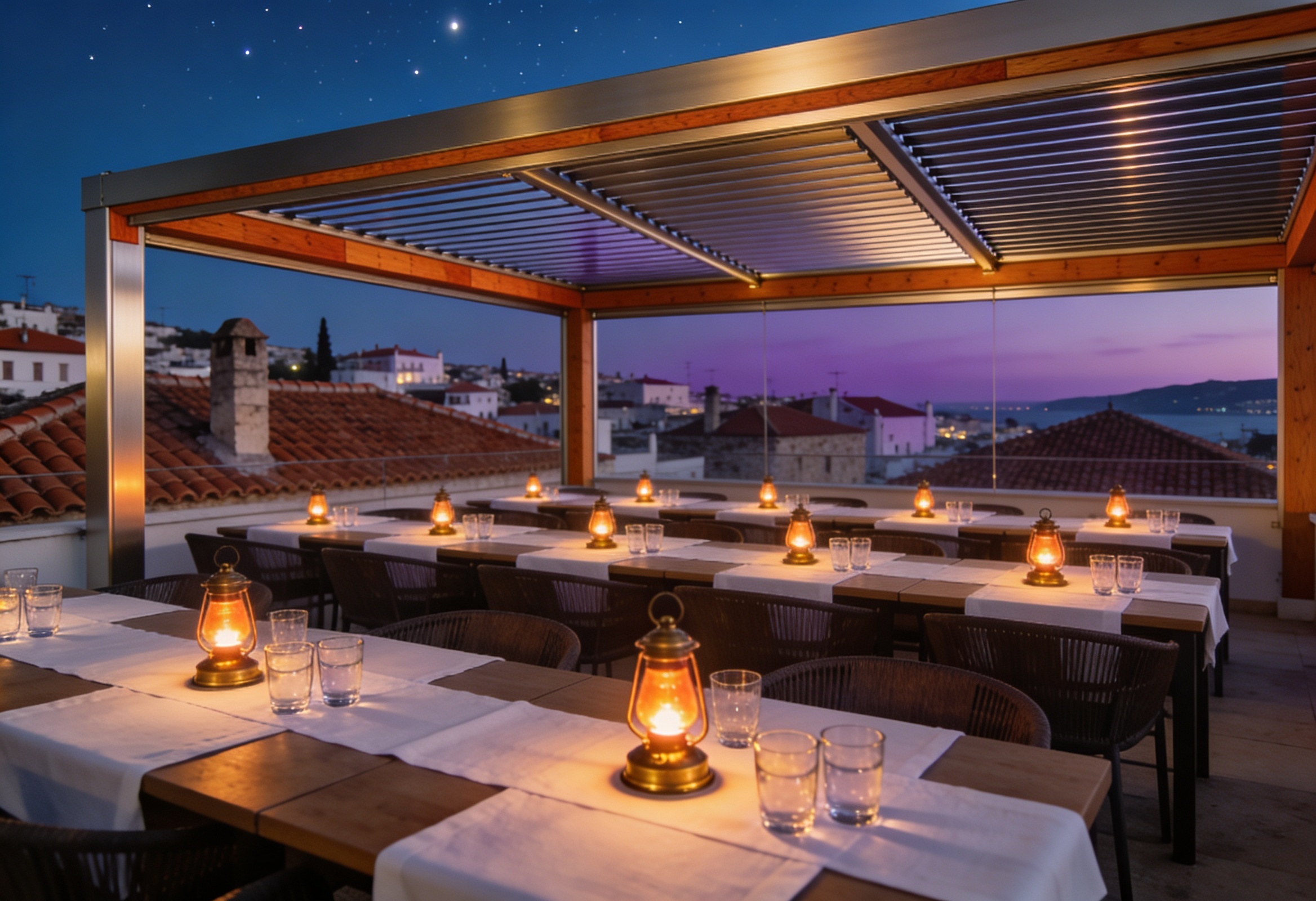 Çeşme çatı restoranında alacakaranlıkta modüler bioklimatik pergola sistemi